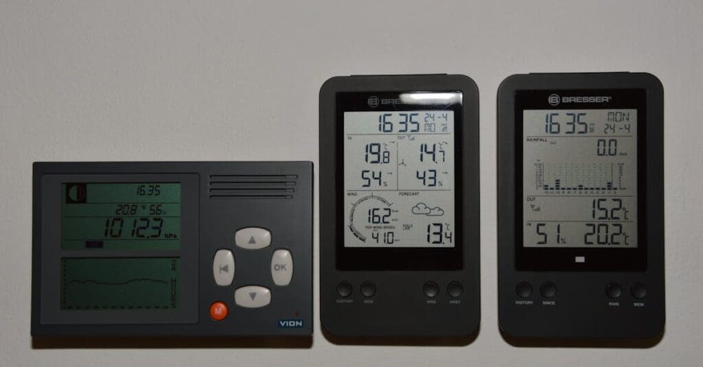 Multiple digital weather monitors on a wall displaying temperature and pressure.